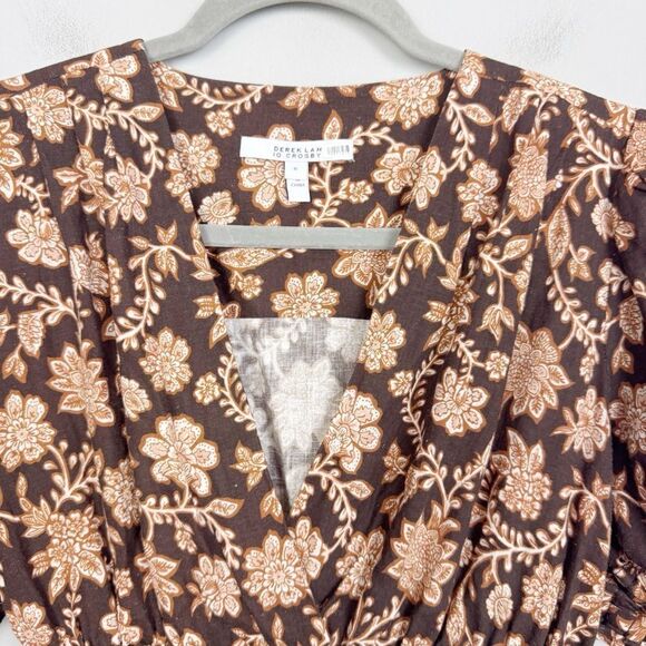 DEREK LAM 10 CROSBY | Rhea Puff Sleeve Floral Brown V-neck Top Women’s Size 0 - Picture 5 of 11